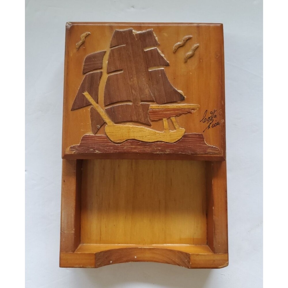 Vintage Costa Rica Hand Carved Wooden Box Nautical Playing Card Storage Ship